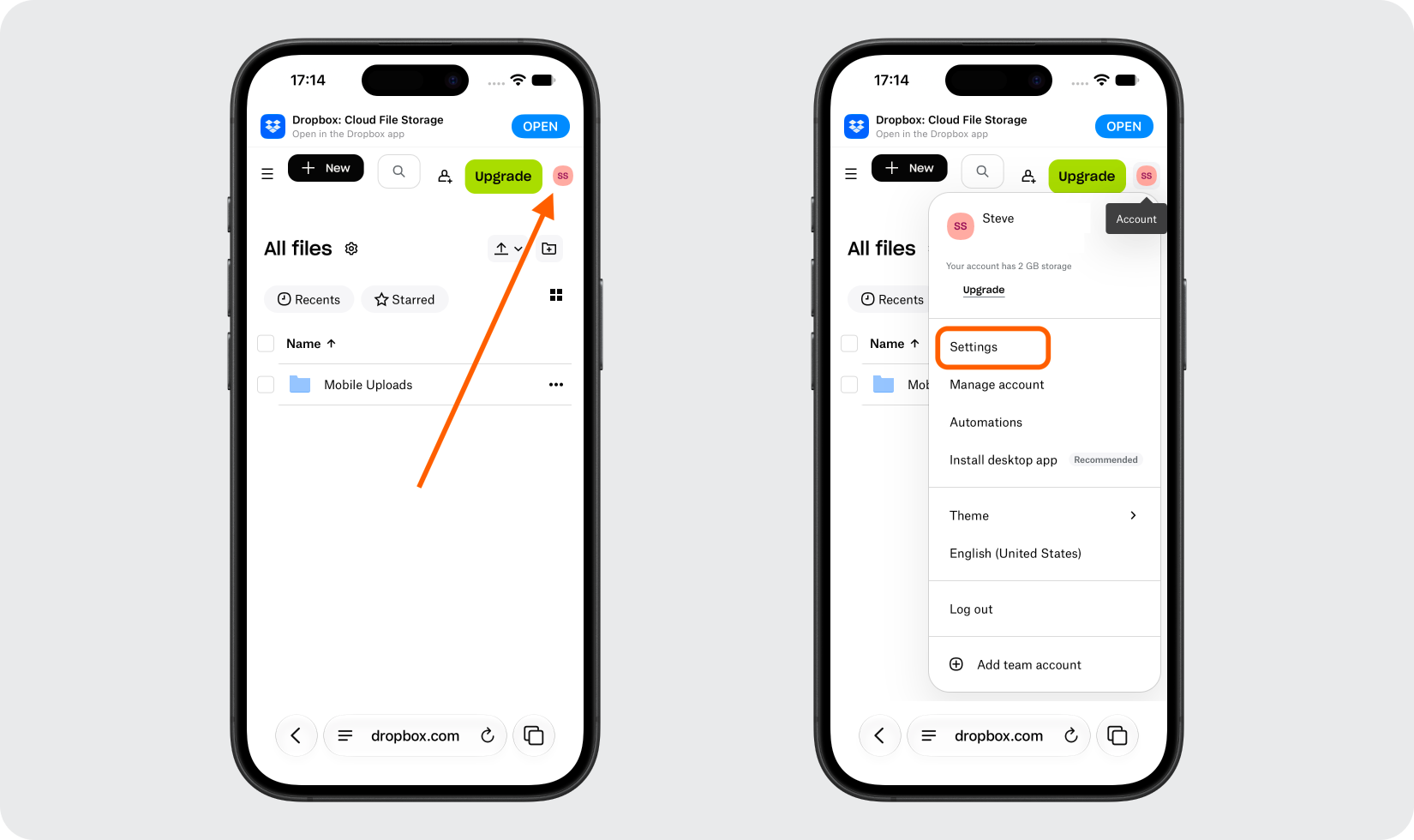Open Your Dropbox Account Settings